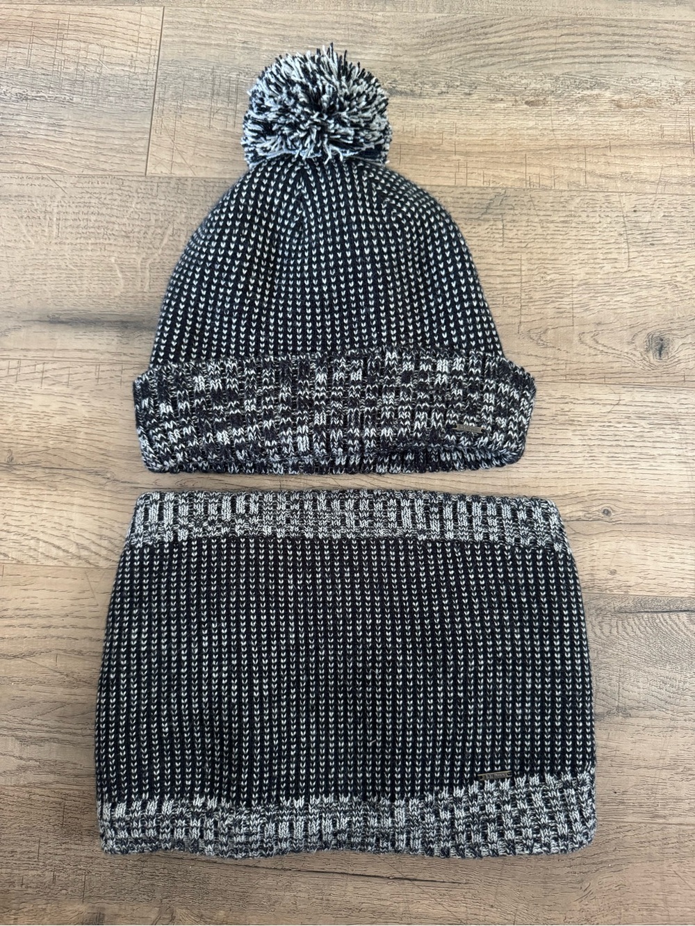 L.L. Bean Black and White Knit Pom Beanie with Matching Neck Warmer Set